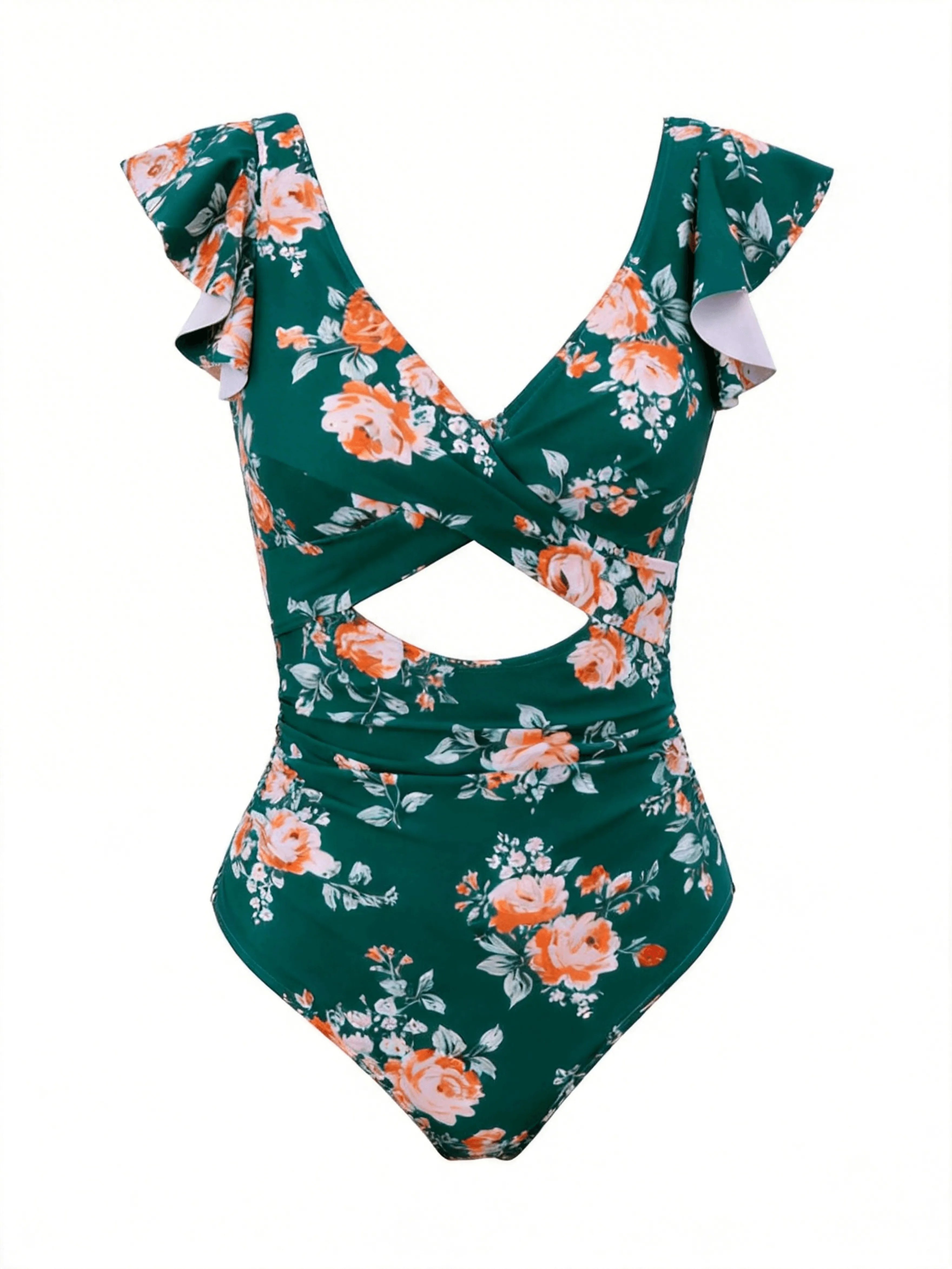 Ruffle Sleeve Cut-Out One Piece Swimsuit